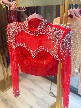 Red Pearl & Sequin Embellished Crop Top